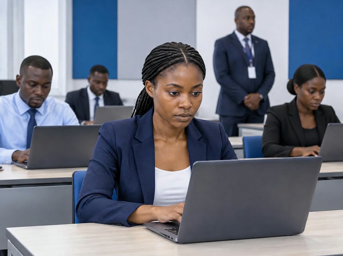 Professionals completing a secure digital certification examination
